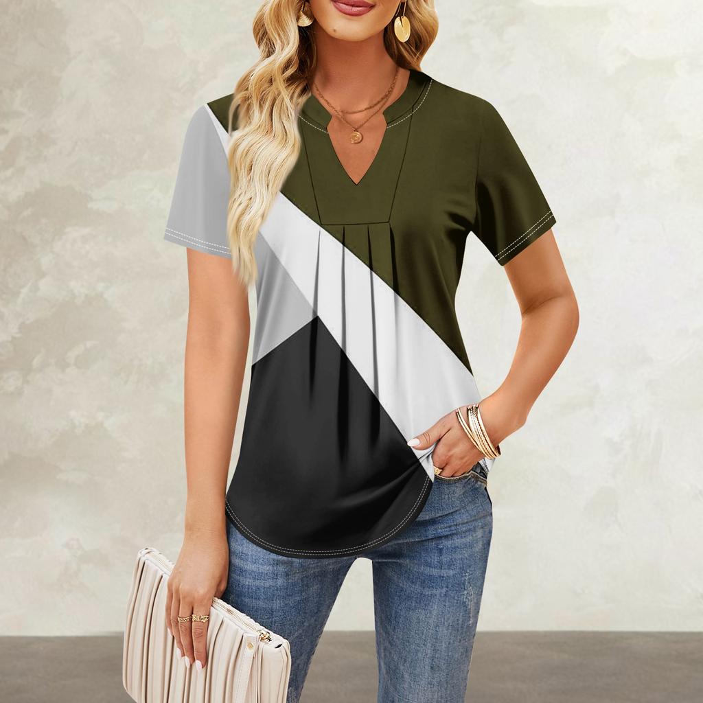 Women's Short Sleeve Casual V-neck Chest Pleated Printed Loose T-shirt Top