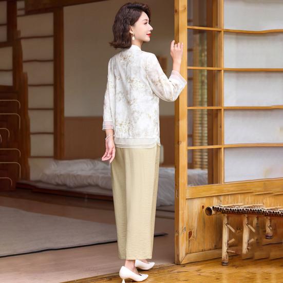 2 шт./компл. женский костюм в стиле ретро в китайском стиле плюс размер воротник-стойка с цветочным принтом и половиной рукава в стиле пэчворк, сетчатый топ с эластичной резинкой на талии и широкие брюки, комплект