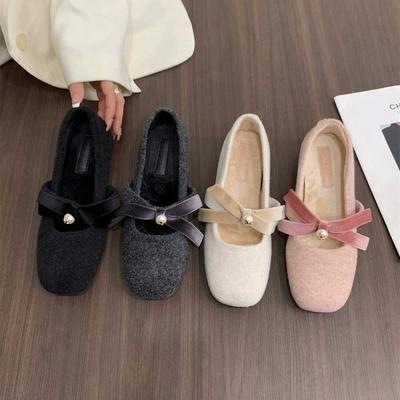 Внутренняя высота увеличивается розовые пушистые туфли Мэри Джейн женские туфли 2024 осень и зима теплые хлопковые туфли бант жемчужные одинарные туфли
