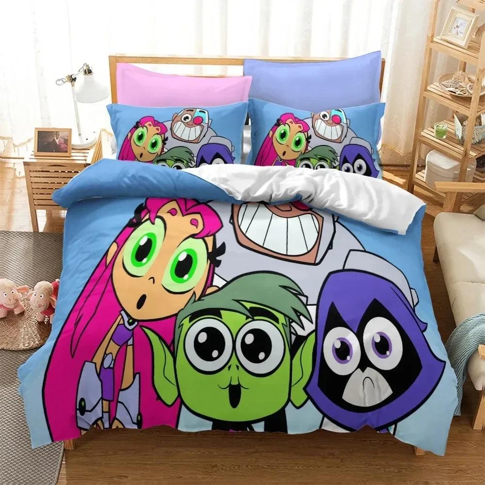 Cartoon Teen Titans Go Printed Bed Set Duvet Cover Pillowcase Bedding Set Linen Sheet Quilt Cover Full Queen Size Home Textile