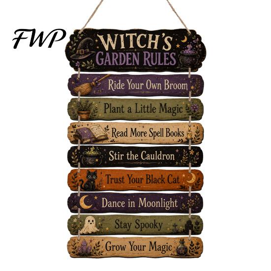 Hanging Wooden Plaque Witch's Fall Rules Sign, Vintage Halloween Wood Wall Rustic Front Door Decor Farmhouse Art for Outdoor Porch Yard, Home Ornament
