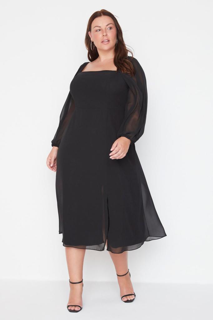 Women's Style Plus Size Black Plus Size Square Neck Slit A-Line Midi Woven Chiffon Dress