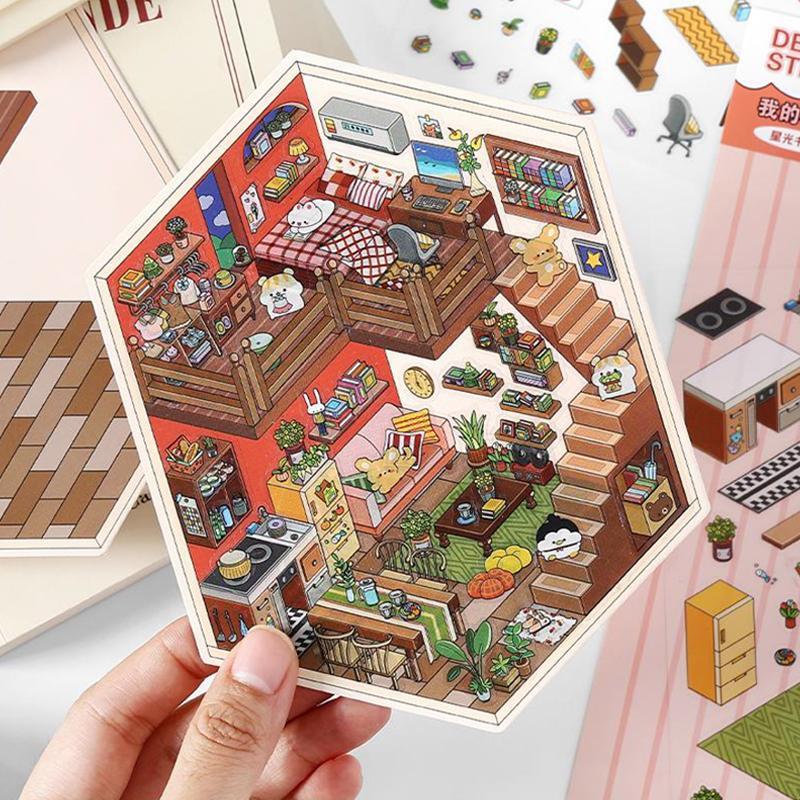 4 Style PET 2.5D Landscaping Sticker Cute Little House Kitchenette DIY Scene Decoration Sticker 21CM*12CM Paper Stationery