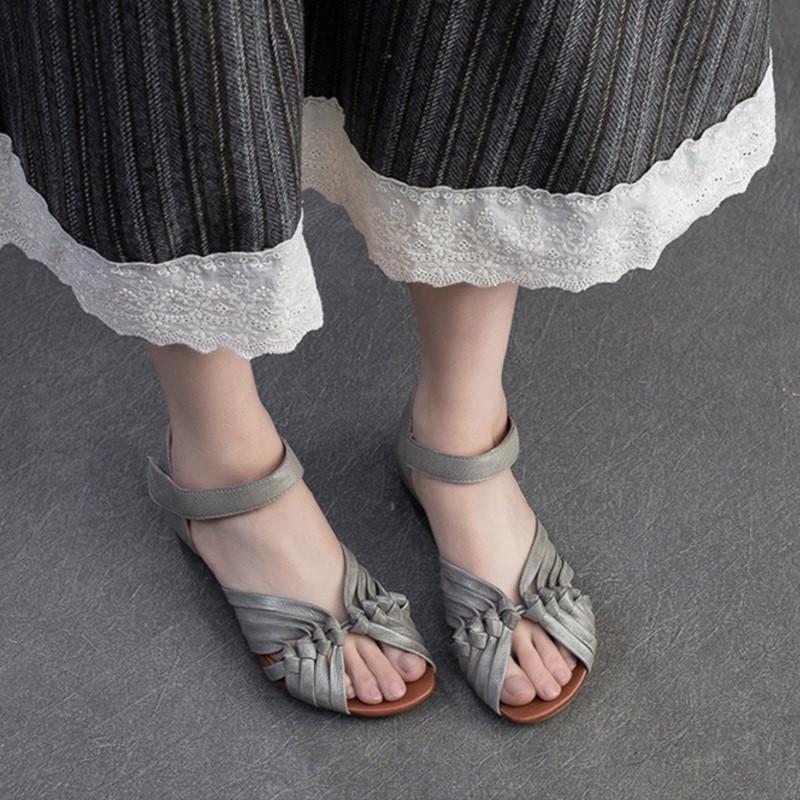 Fashion GKTINOO 2025 Summer New Peep Toed Hollowed Out Hand Woven Flat Sandals Genuine Leather Retro Low Heel Women's Shoes