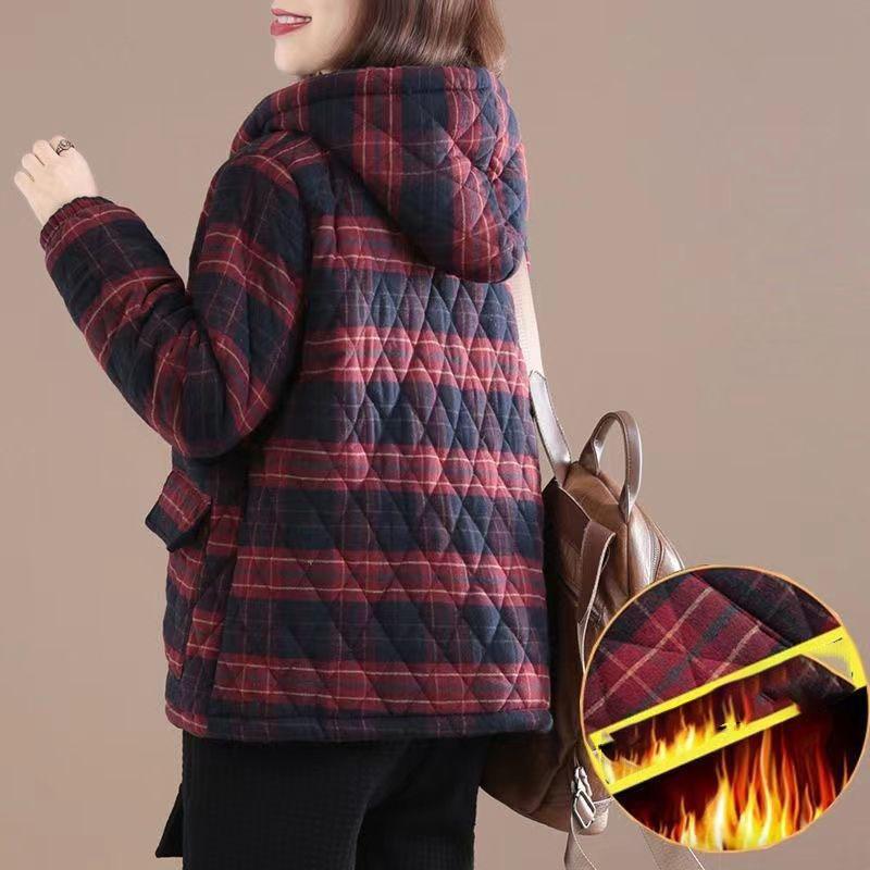 Ретро литература стеганые женские парки с капюшоном осень-зима клетчатые хлопковые куртки-стеганые повседневные свободные ветрозащитные пальто