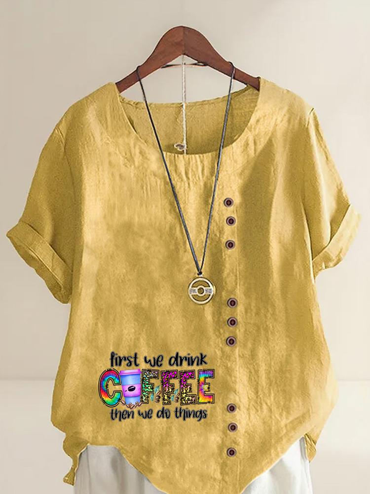 Women's Fashion Coffee Alphabet Print Printing Shot Sleeve T-shirt Loose Cotton Shirt Casual Loose Summer Plus Size Blouse Tops