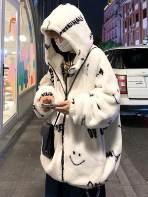 Мужское зимнее модное пальто с улыбающимся лицом, флисовое пальто из ягненка, корейская версия, модное зимнее пальто, плюшевое утолщенное пальто