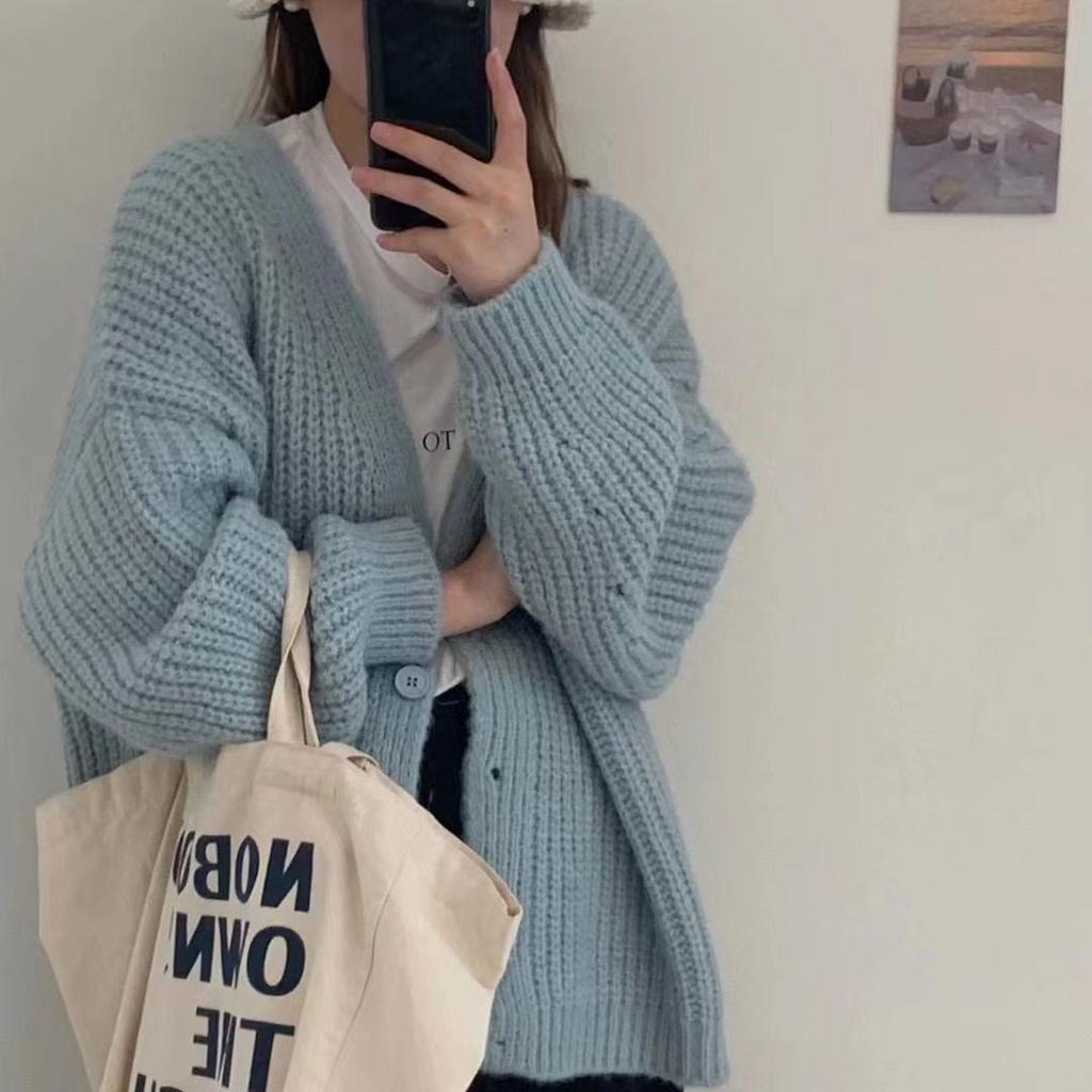 Korean autumn and winter new knitted solid-color sweater women's cardigan casual lazy wind loose soft single-breasted jacket