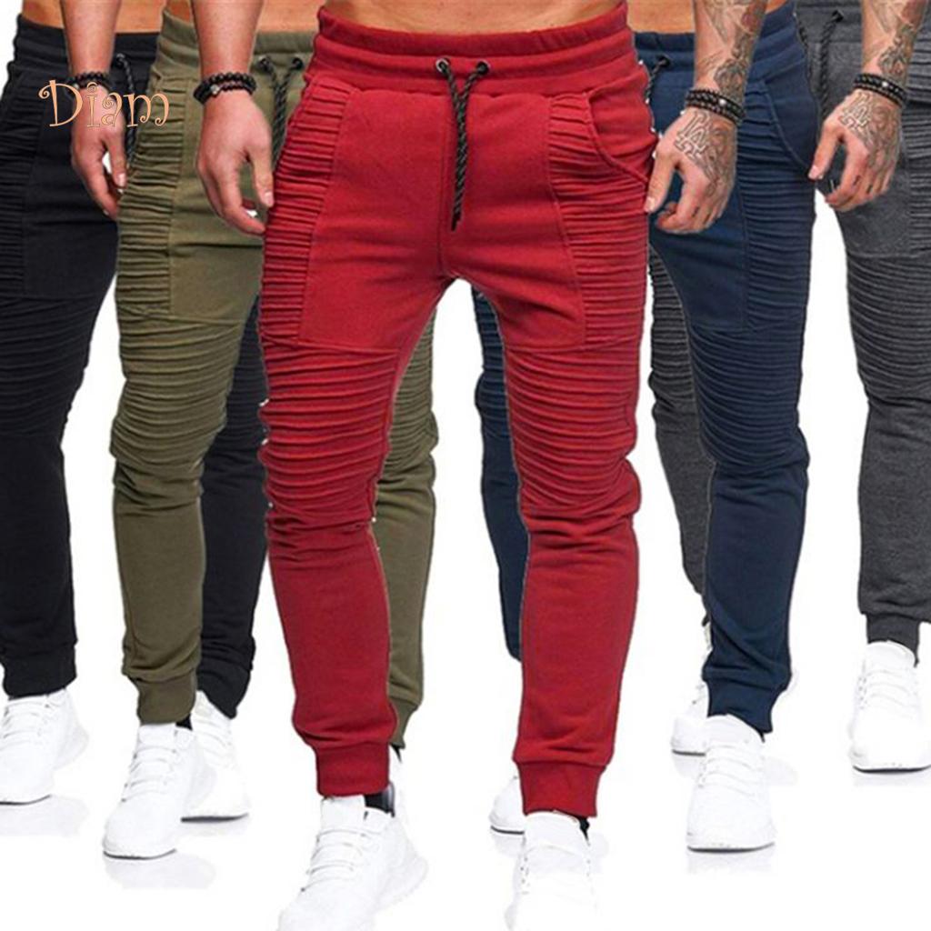 (M-4XL) Solid Color Drawstring Elastic Waist Sport Pleated Pants Trousers Male Jumpsuit Leggings for Men