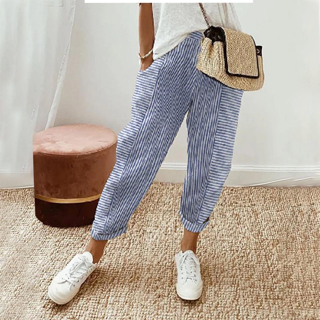 Women Casual Stripe Print Up Trendy Pants Baggy Elastic Waist Straight Leg Comfort Trousers With Pocket