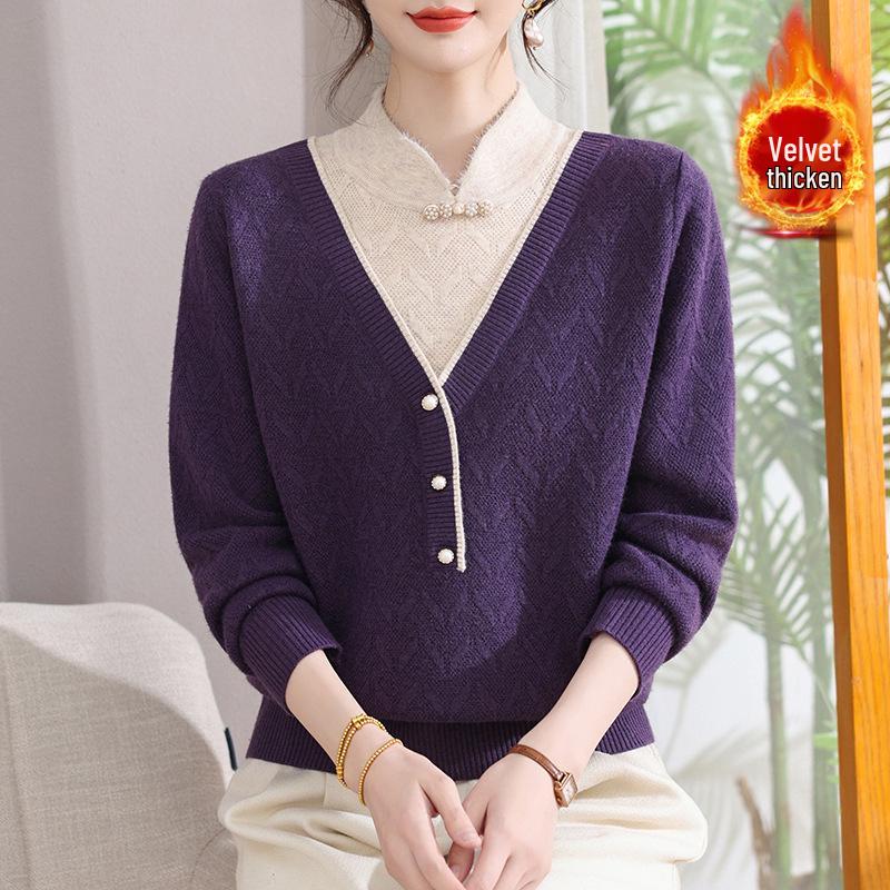 Mom's Stylish Improved Cheongsam Top: Middle-Aged Women's Velvet-Thickened Winter Sweater