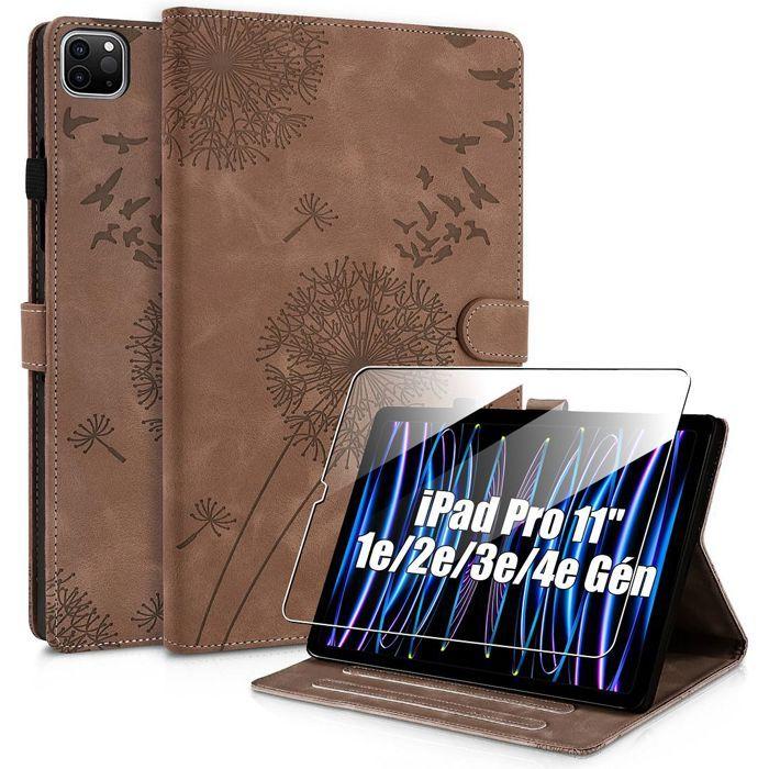 Coque + Verre Trempé pour iPad Pro 11 Pouces (2018-2022) Etui Synthécuir Relief Pissenlit Marron