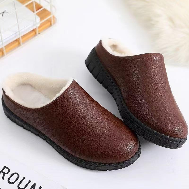 Осенне-зимние новые бархатные хлопковые тапочки из ПУ, водонепроницаемые, для пары, для дома, полпакеты с тапочками, с круглым носком, с толстой подошвой, кожаные тапочки