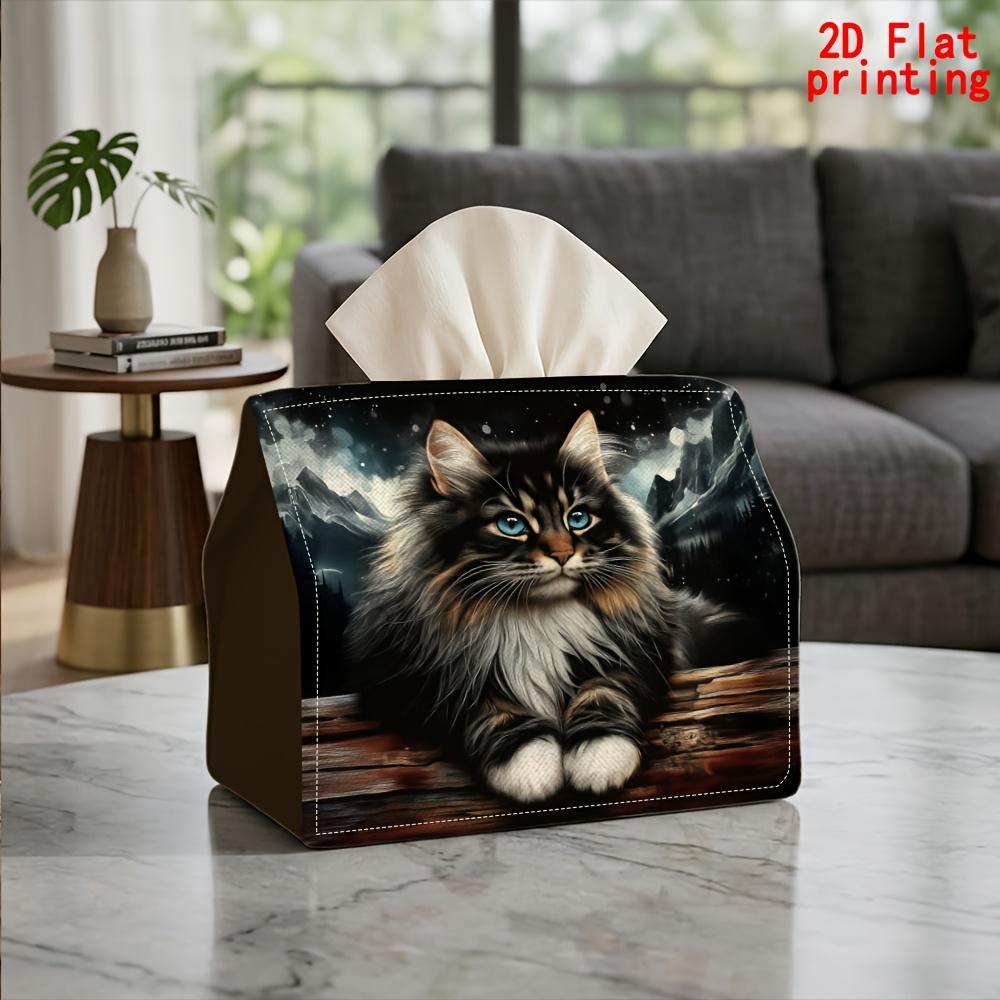 2D Flat 1pc, Tissue Box. Feline Pattern Napkin Dispenser Box, Reusable, Daily Desktop Tissue Storage Box, Suitable for Kitchen, Living Room, Bedroom,