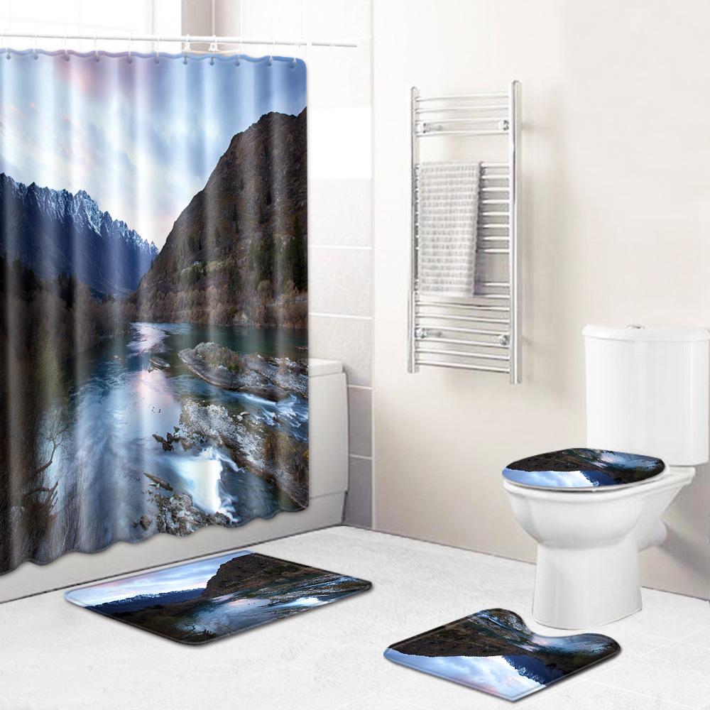 Landscape Shower Curtain Floor Mat Combination Four-Piece Set Bathroom Toilet Carpet Shower Room Mat Foot Mat