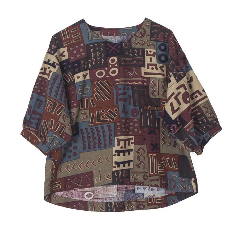 Летняя женская одежда Этнический принт хлопковая льняная блузка Топ Круглый вырез Рукава семь четвертей Футболки