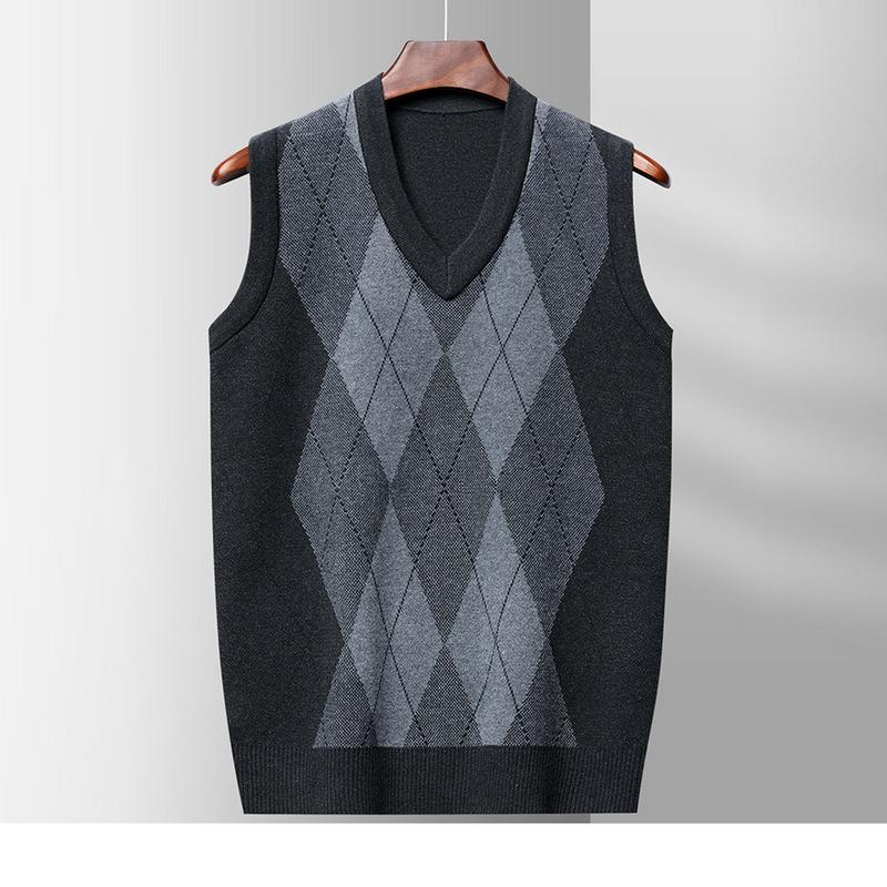 Vest Autumn and Winter New Men's V-neck Sleeveless Knitted Vest Sweater Diamond-shaped Middle-aged and Old-aged Leisure Sweater