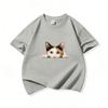 Kids Cotton T Shirt Peeking Calico Cat Graphic Print Crew Neck Short Sleeve Tee Casual Breathable Boys Girls Summer Tops