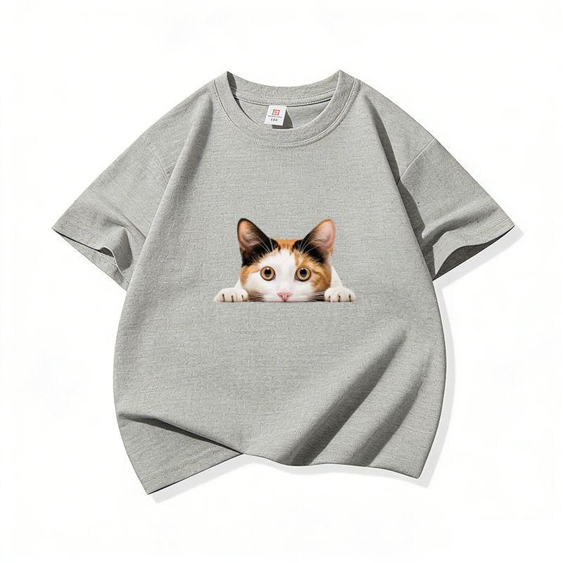 Kids Cotton T Shirt Peeking Calico Cat Graphic Print Crew Neck Short Sleeve Tee Casual Breathable Boys Girls Summer Tops