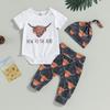 Baby Boys 3PCS Pants Sets White Short Sleeve Romper Cattle Head Print Pants Hat Sets Summer Clothes