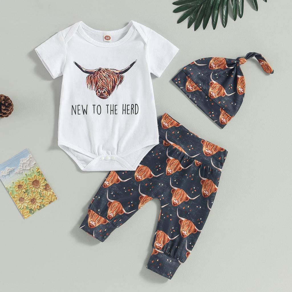 Baby Boys 3PCS Pants Sets White Short Sleeve Romper Cattle Head Print Pants Hat Sets Summer Clothes