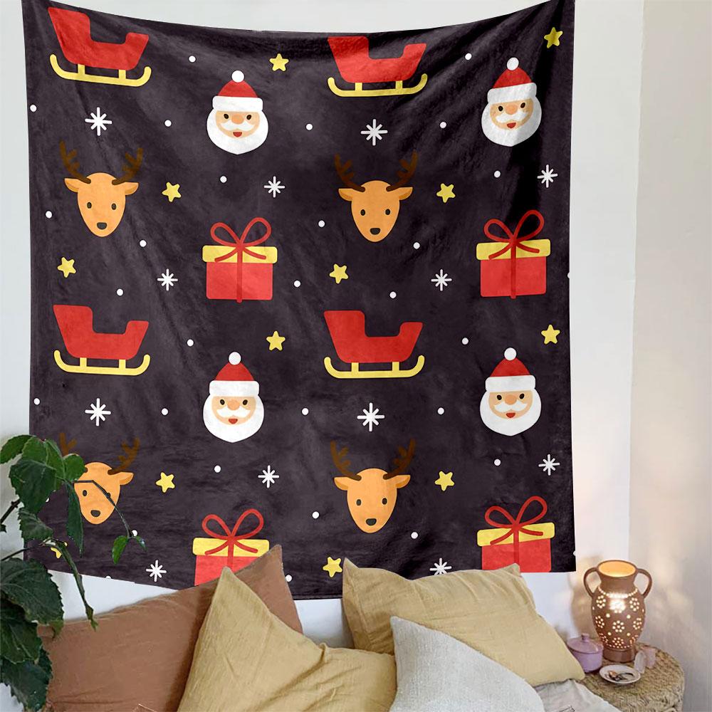 Christmas Pattern with Santa and Reindeer Patterned Tapestry Decorative Wall Hanging, Home Bedroom Living Room Decor