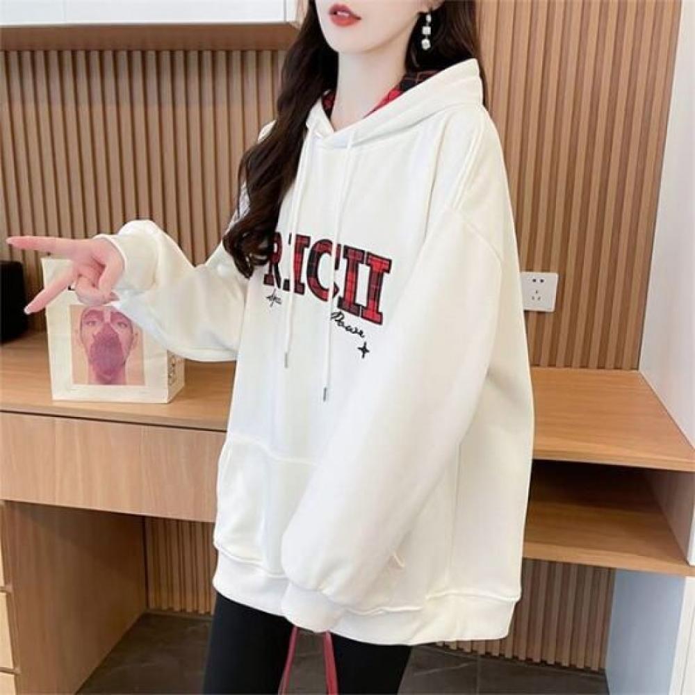 Navava Fleece Long Sleeve Hoodie Check Point Lettering Nt3076