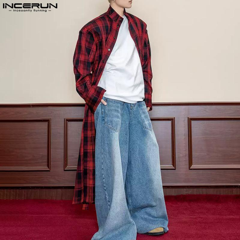 INCERUN Большие мужские рубашки с воротником-стойкой и длинным рукавом в клетку, повседневные туники