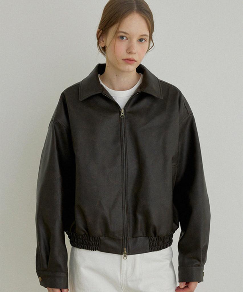 Asif Solid Leather Blouson Jacket (Brown)