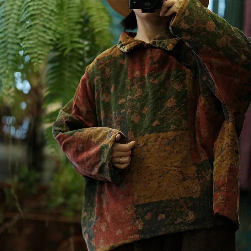 Johnature Women Vintage Print Floral Pullover Parkas Turn-down Collar Long Sleeve Winter Coats Warm Loose Parkas