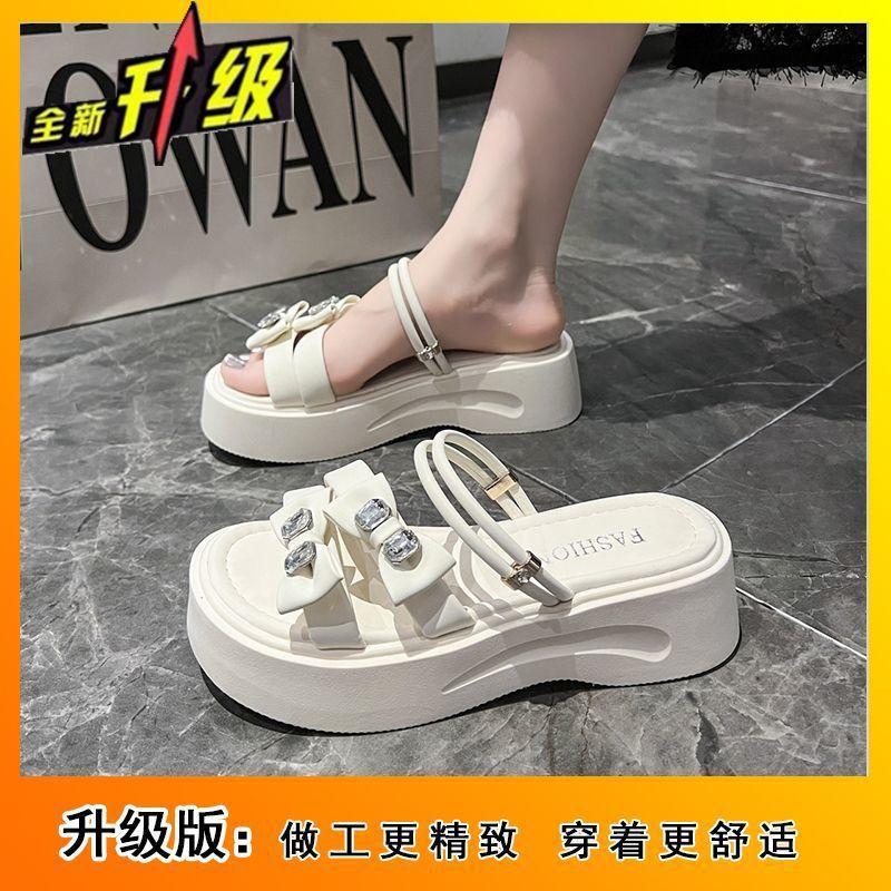 Женские тапочки-шлепанцы с толстой подошвой, украшенные стразами, летние новинки 2025, французский стиль, бант, платформа, универсальные, модные