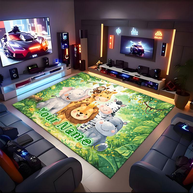 1PC Custom Name Jungle Safari Friends Theme Floor Mat Ideal for Living Room, Game Rooms, Office, Bedroom,Floor Mat Playful Design