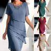 Women Fashion Chiffon Dress Round Neck Short Sleeve Solid Color Pleated Dress Elegant Party Midi