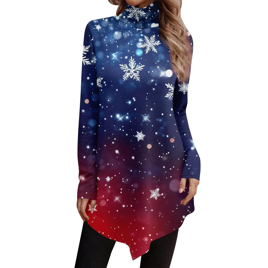 Casual Fashion Christmas Print Shirt Tops High Neck Irregular Hem Long Sleeve Pullover Tops