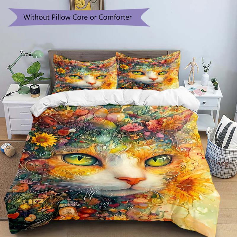 3pcs Noble Cat Art Design Bedding Set - 1 Soft Quilt Cover + 2 Pillowcases, Machine Washable - Suitable for All Seasons, Perfect Gift for Fa