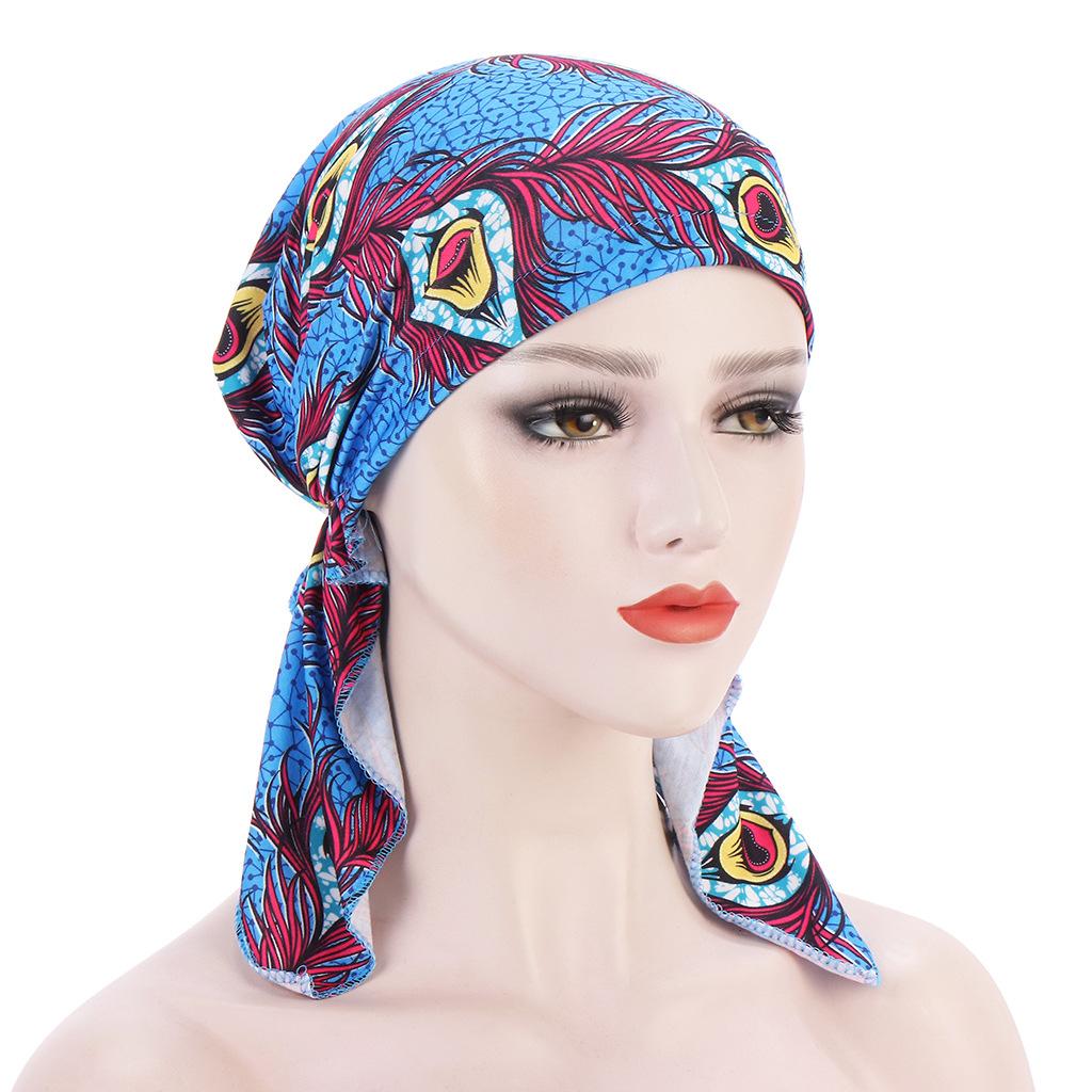 Woman Elastic Scarf Towel Hat Ladies Print Cashew Feather Cancer Chemotherapy Hat Bag Head Cap