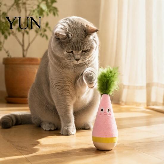 Funny Cartoon Cat Play Toy Wooden Wobble Toy, Self-Righting Tumbler with Feather for Indoor Cats, Interactive Plush Weighted Bottom Punching