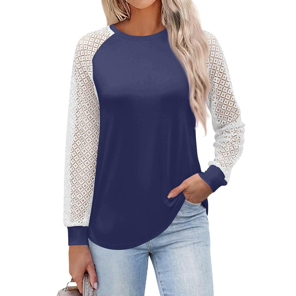 Women's  Long Sleeve  T Shirts Round Neck Lace Tops  Casual Blouses Trendy  Fashion Top