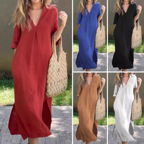 Летнее женское платье с глубоким V-образным вырезом и рукавами три четверти до щиколотки, сплошной цвет, тонкая свободная сторона