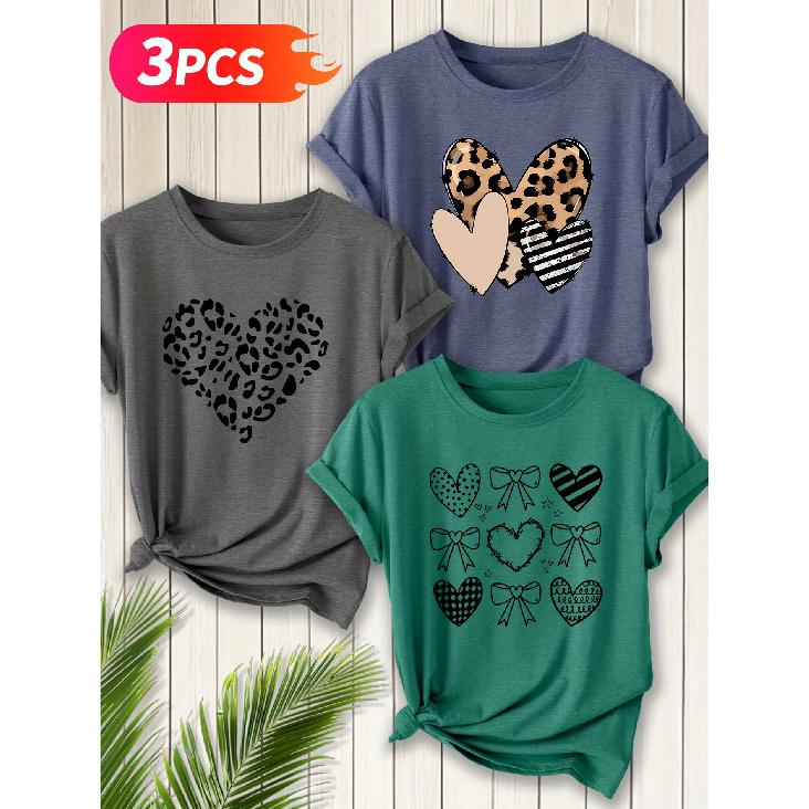 Three-piece set Elegant short-sleeved dress for women Leopard print heart shape+Multi-element heart overlay+Heart-shaped bow combination printed