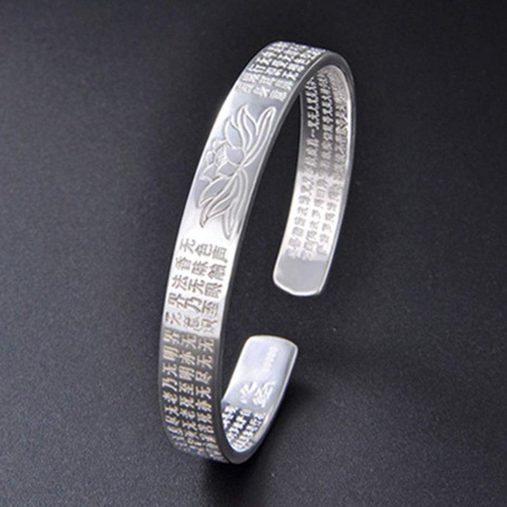 Браслет для мужчин и из нержавеющей стали с гравированным амулетом «Сердце лотоса» универсального размера подарок женщинам, серебристый, стальной, цветок, сутра, браслет-манжета, браслет, толстый, браслет,