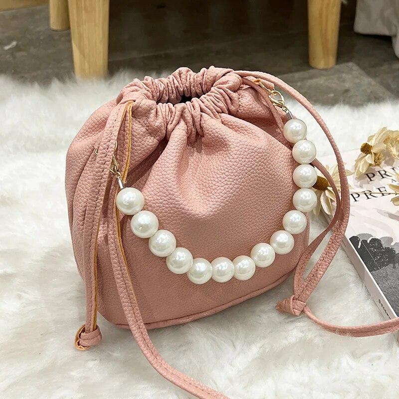 Pearl Chain Handbag Fashion PU Bucket Shoulder Bag For Lady