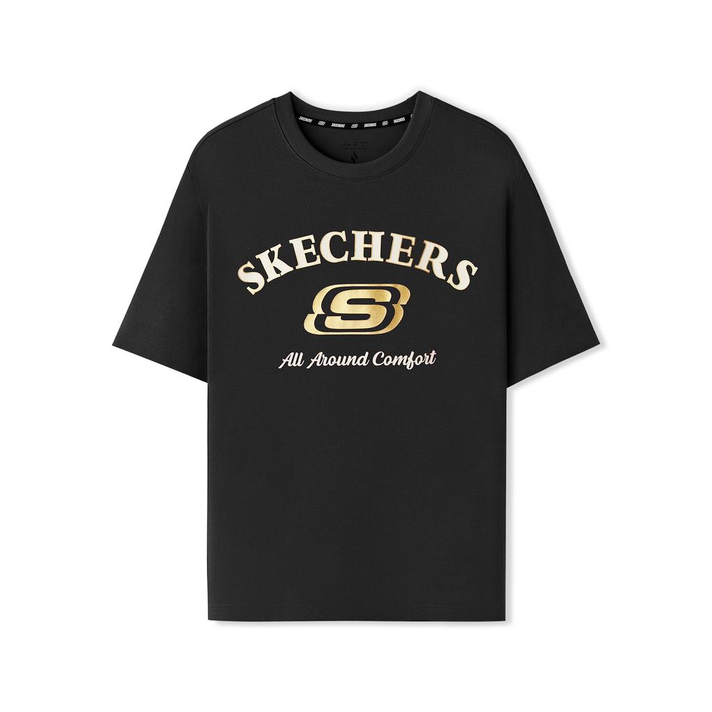 Skechers SS25 Простая Повседневная Удобная Спортивная Футболка с Круглым Вырезом Унисекс Топы Угольно-Черный L225U122-0018