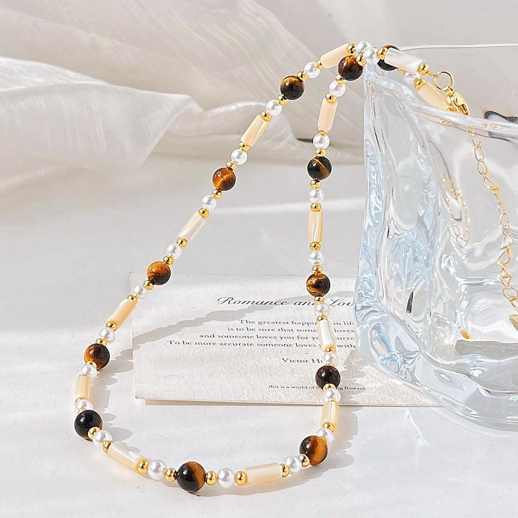 Vintage High Quality Natural Tiger'S Eye Stone Shell Sweater Chain Necklace Collarbone Chain
