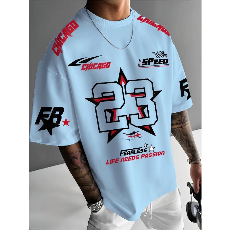 Summer Men's Chicago Black Red and White Printed 23 Pattern Round Neck Breathable Casual T-shirt Loose Outdoor Top