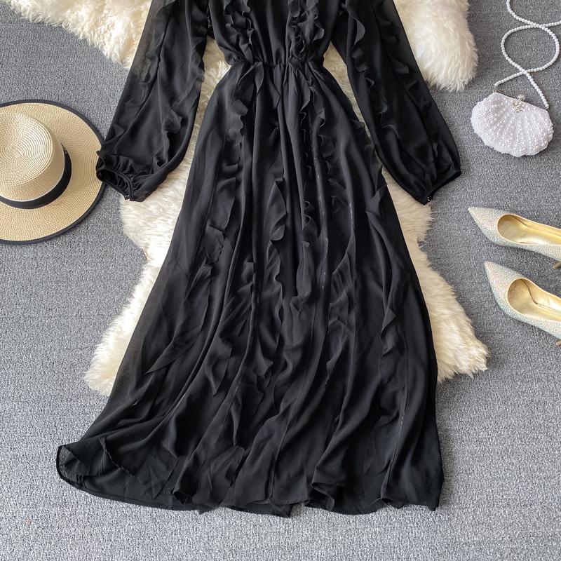 RUGOD 2025 Весна Новое Темпераментное Платье Грибок Женское Платье с Высокой Талией, Длинным Рукавом, V-образным Вырезом, Шифоновое Французское Платье