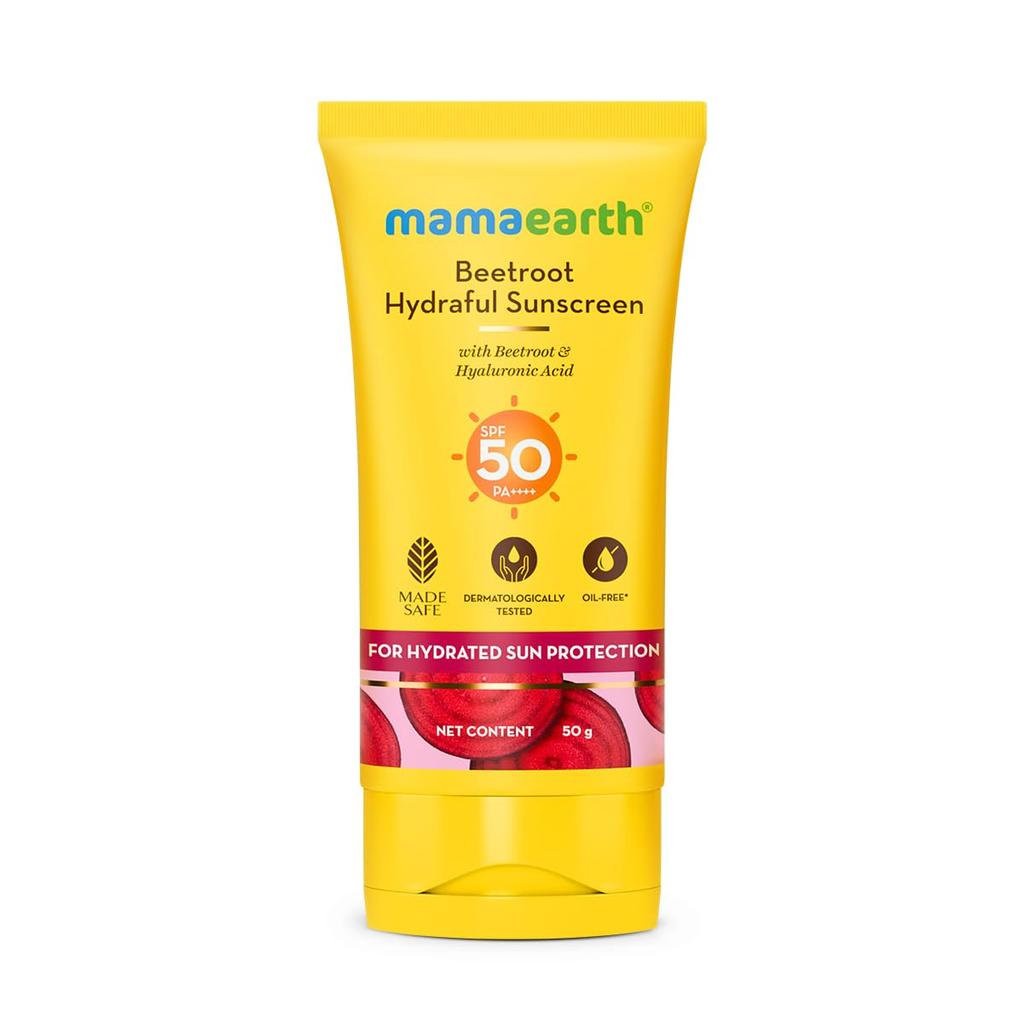 Mamaearth Beetroot Hydraful Sunscreen SPF 50 PA++++ For Tan Protection Hydrating Glow No White Cast 50g For All Skin Types