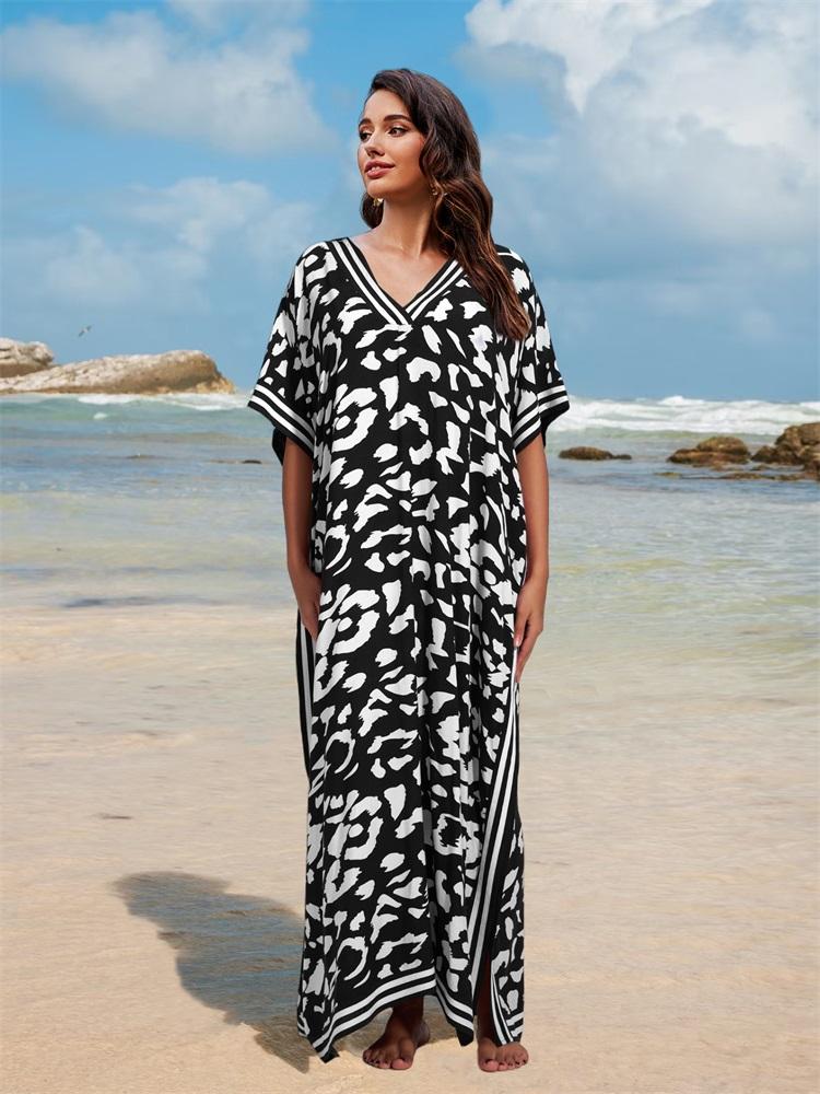 EDOLYNSA Plus Size Boho Black White Leopard Print Kaftan Beachwear Swimsuit Coverup For Women 2024 Summer Beach Dress Loose Caftan House Dresses Q1609