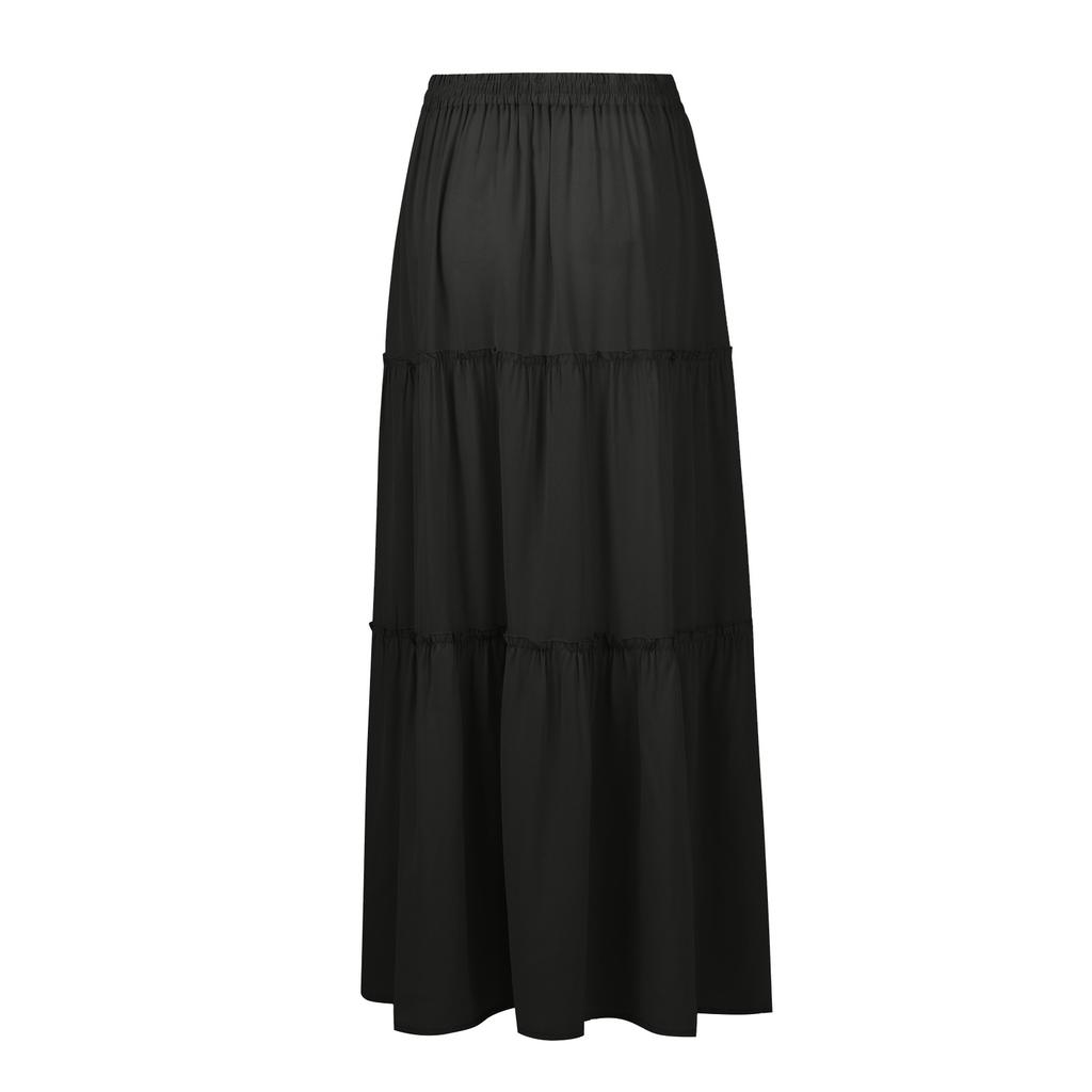 Women's Fashion Solid Color Elastic Waist Skirt Loose Casual High Waist Tie Long Skirt