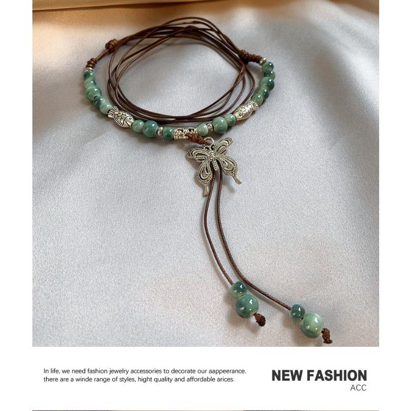 Meier New chinese ethnic style beaded tassel butterfly necklace women's new arrivalretro braided clavicle chain